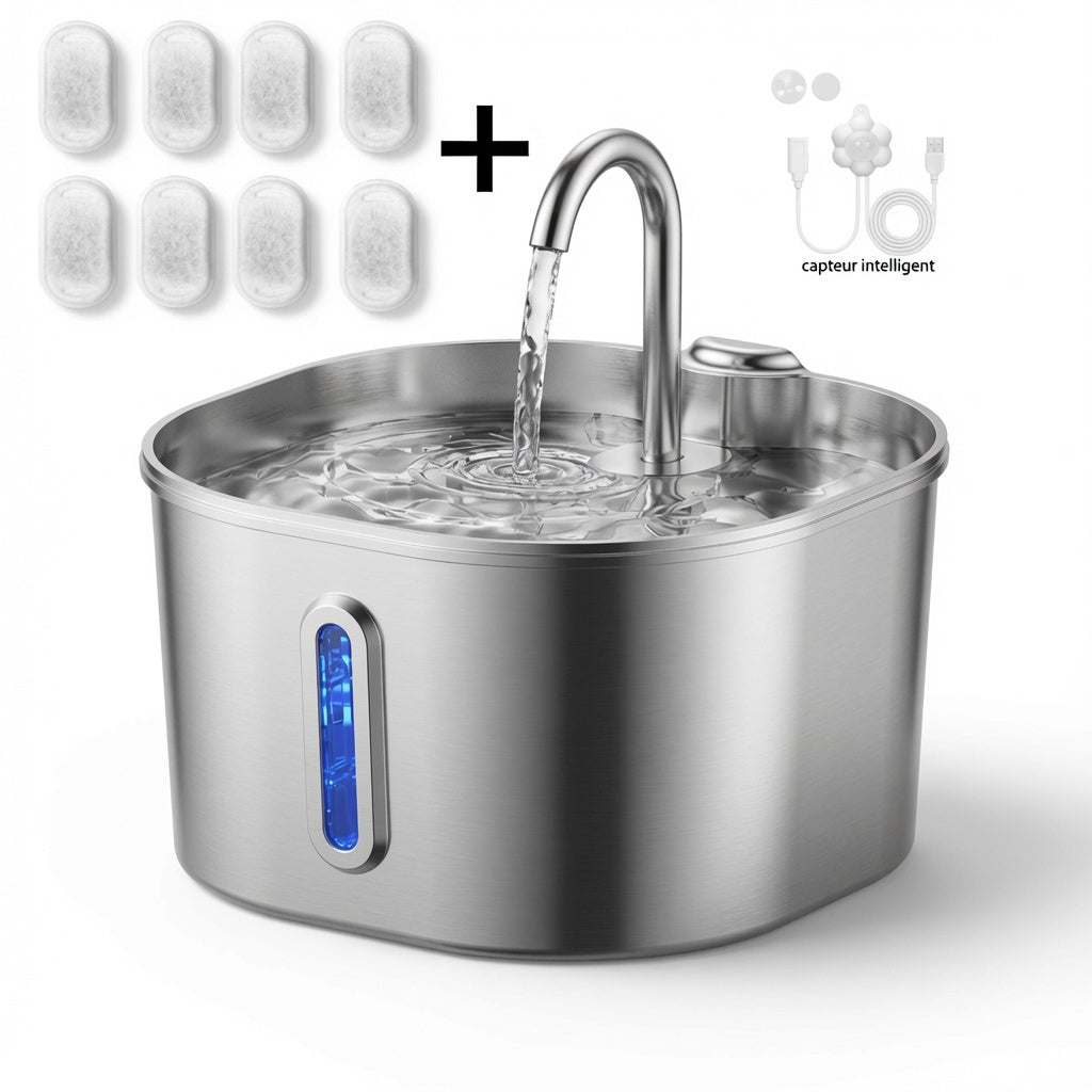 Fontaine à eau 2,2L en inox pour chat & chien – Ultra-silencieuse avec filtre
