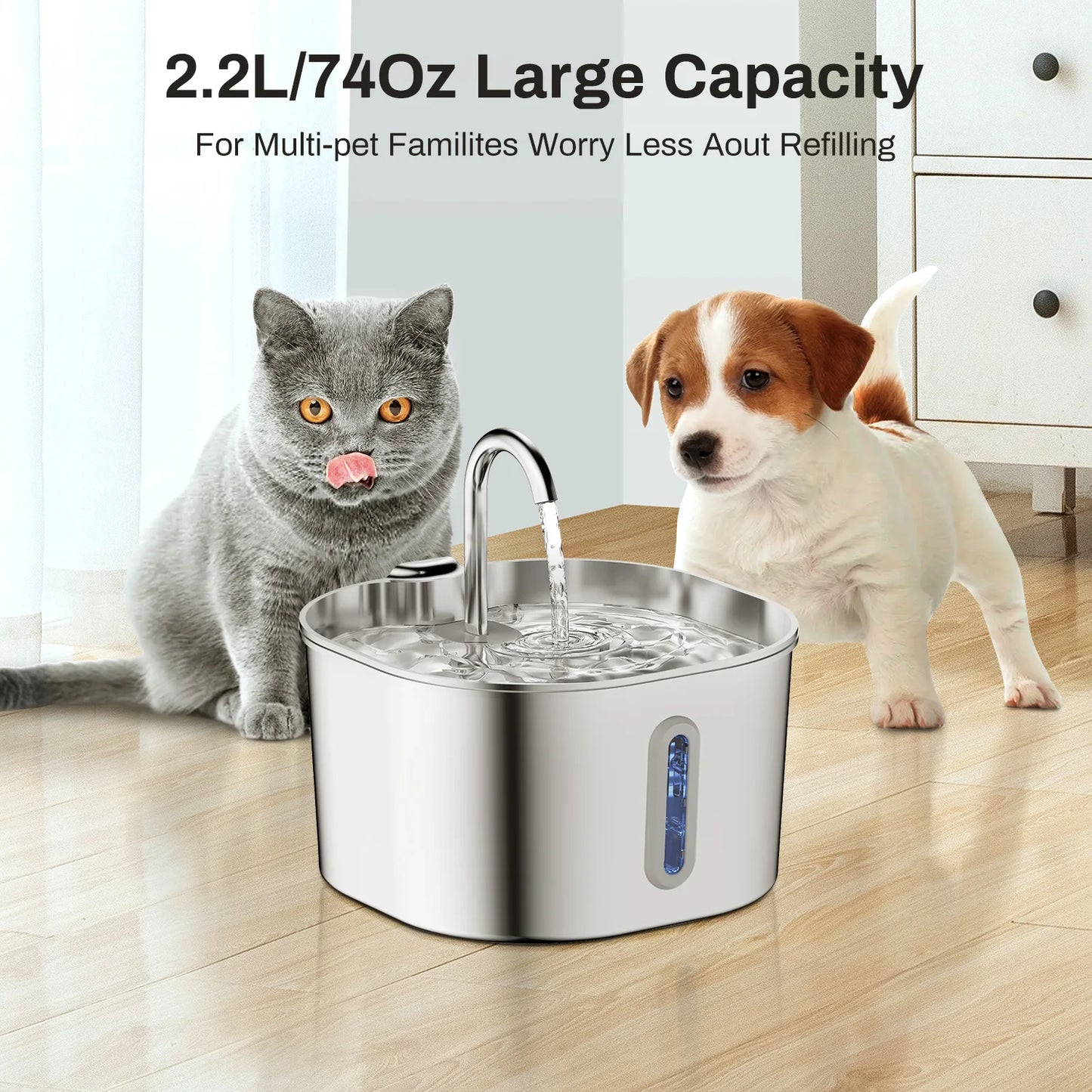 Fontaine à eau 2,2L en inox pour chat & chien – Ultra-silencieuse avec filtre