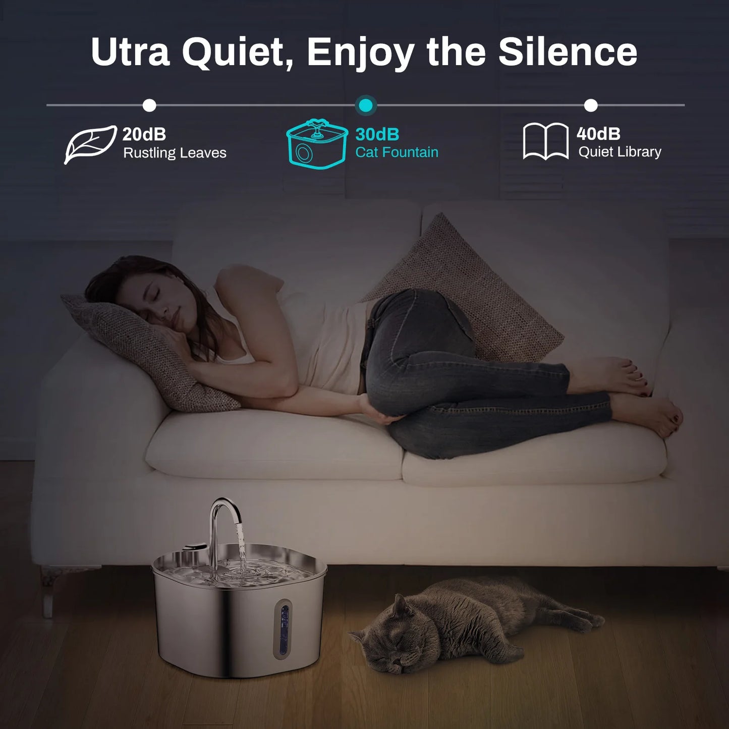Fontaine à eau 2,2L en inox pour chat & chien – Ultra-silencieuse avec filtre