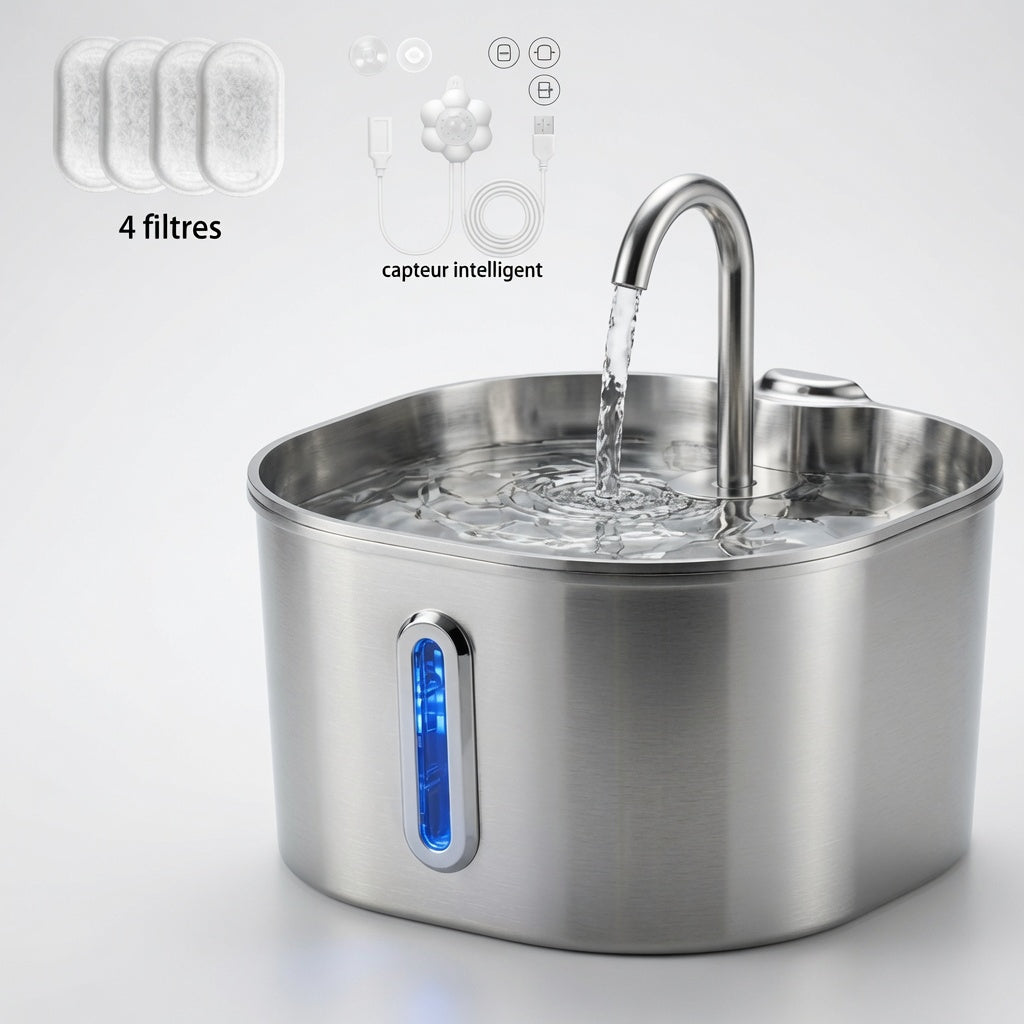 Fontaine à eau 2,2L en inox pour chat & chien – Ultra-silencieuse avec filtre